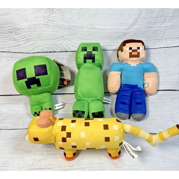 Minecraft Lot of 4 Plush Toys 9" & 7" Green Creepers Ocelot 9" Steve Toy Factory - Picture 1 of 6